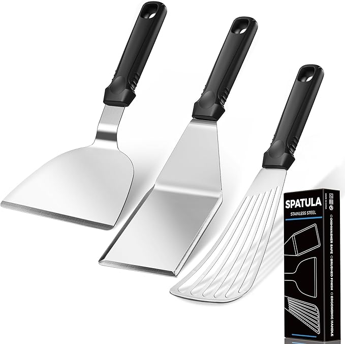 18/0 Stainless Steel Spatulas & 18/8 SS Fish Spatula, Silicone Non-slip Handle, Brushed Metal Spatula Set for Kitchen Use Cast Iron Skillet, BBQ Frying Griddle, Pack of 3