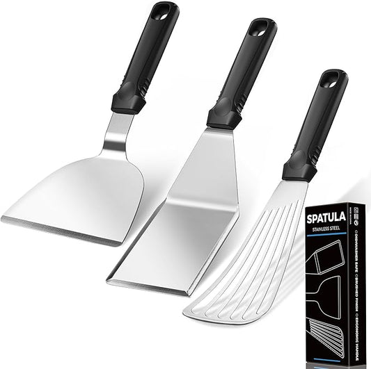 18/0 Stainless Steel Spatulas & 18/8 SS Fish Spatula, Silicone Non-slip Handle, Brushed Metal Spatula Set for Kitchen Use Cast Iron Skillet, BBQ Frying Griddle, Pack of 3