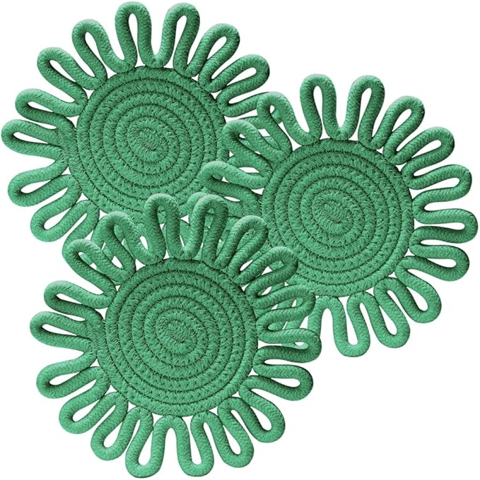 Kitchen Trivets for Hot Dishes Potholders for Countertop Hot Pads Hot Mats or Trivets for Hot Pots and Pans Home Essentials Boho Farmhouse Kitchen Decor Set of 3, 100% Cotton,7.5" (Grass Green)