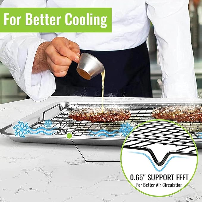 HULISEN Cooling Rack 4-Pack, 16 x 10 Inch Nonstick Baking Rack with Handles | Fits Half Sheet Pan, Oven Safe 500°F, Easy Lift Design for Cookies, Cakes & Baked, Cookie Cooling, Baking, Cooking, Grilling