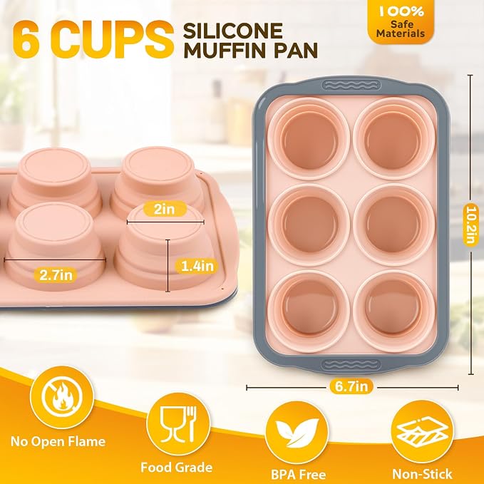 Silicone Muffin Pan, 6 Cups Non-Stick Cupcake Pan, Food-Grade BPA-Free Muffin Tin, Oven-Safe 450 °F, Reinforced Steel Frame, Easy-Grab Handles, Quick-Release 2.7" Baking Molds for Mini Treats