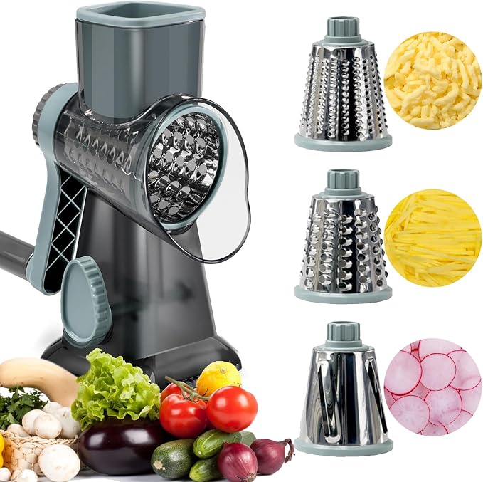 XUANYILA Rotary Cheese Cheese Grater Hand Crank Vegetable Cheese Grater for Kitchen 3 Changeable Blades for Cheese Potato Zucchini Nuts Chocolate - GreyBlue