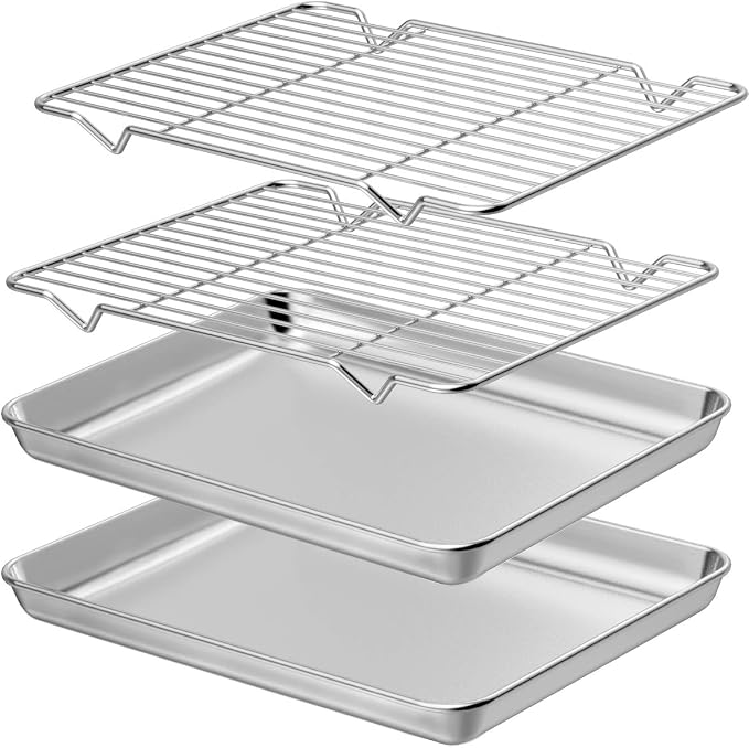Wildone Baking Sheet with Rack Set [2 Sheets + 2 Racks], Stainless Steel Cookie Pan baking Tray with Cooling Rack, Size 10 x 8 x 1 Inch, Non Toxic & Heavy Duty & Easy Clean