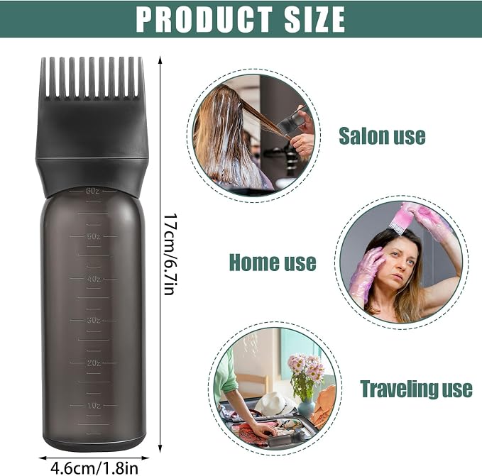 Pimoys 6Oz Root Comb Hair Dye Oil Applicator Bottles for Scalp, Black | Plastic Squeeze Bottle Dispenser with Graduated Scale, Comb Tip Applicator For Hair Coloring Scalp Oiling, Home Salon Use