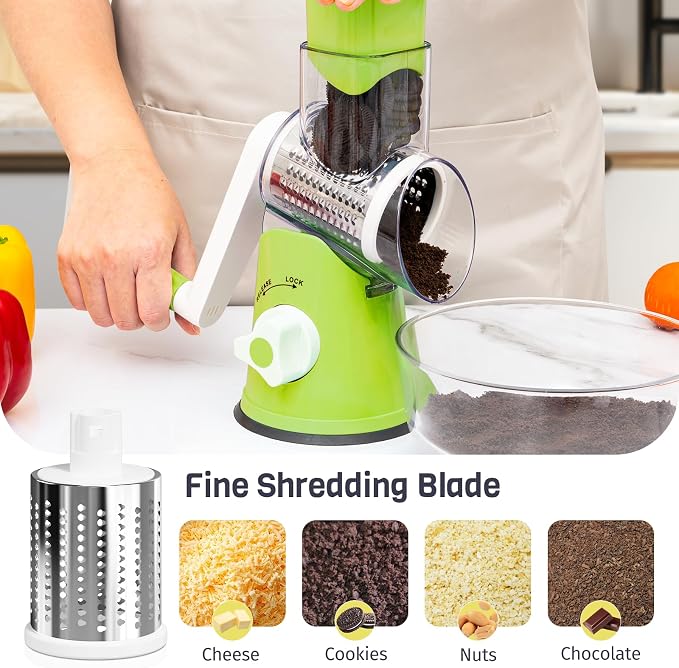 Rotary Cheese Grater Hand Crank, 3 Blades Slicer Shredder, Cheese Grater for Kitchen, Multi-Functional Kitchen Tool for Vegetables, Nuts, Chocolate, with Strong Suction Base, Green