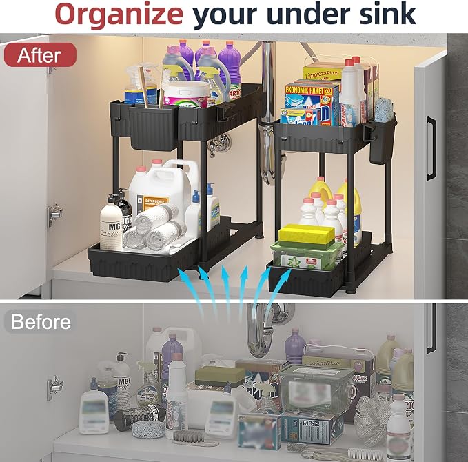 4-Pack 2-Tier Under Sink Organizer with Pull Out Drawers | Multi-use kitchen & bathroom storage. Includes hanging hooks and cups. Black, space-saving cabinet design. 14.8 Inch