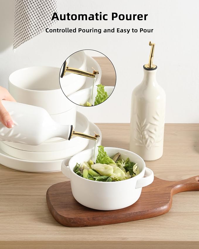 Sweejar Ceramic Olive Oil Dispenser Bottle 20 Oz Relief Opaque Oil Cruet Protects To Reduce Oxidation Suitable for Storage Vinegar, Soy Sauce, Coffee Syrup, Liquids, Set of 1 (White Gold Spout)