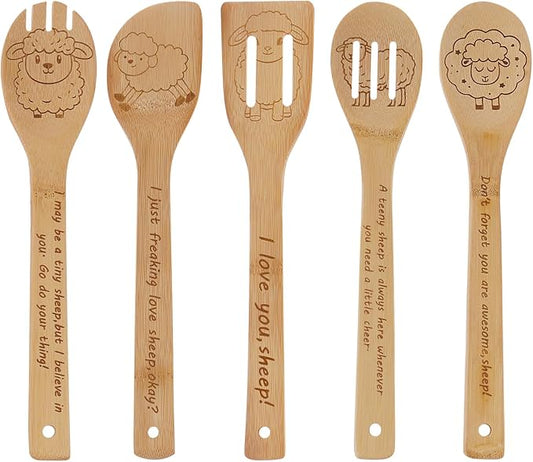 5PCS Sheep Wooden Cooking Spoons Set Bamboo Cooking Spoons | Sheep Kitchen Decor Housewarming Wedding Anniversary Thanksgiving Christmas for Mom Women Animal Lovers