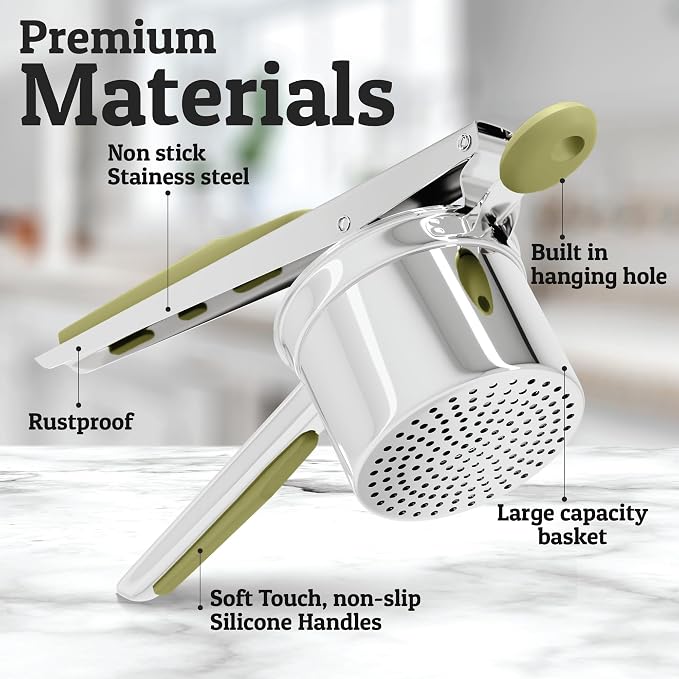 PriorityChef Large 15oz Potato Ricer With 3 Discs, Heavy Duty Stainless Steel Potato Ricer for Mashed Potatoes, Potato Masher, Press and Ricer Kitchen Tool, Olive Green
