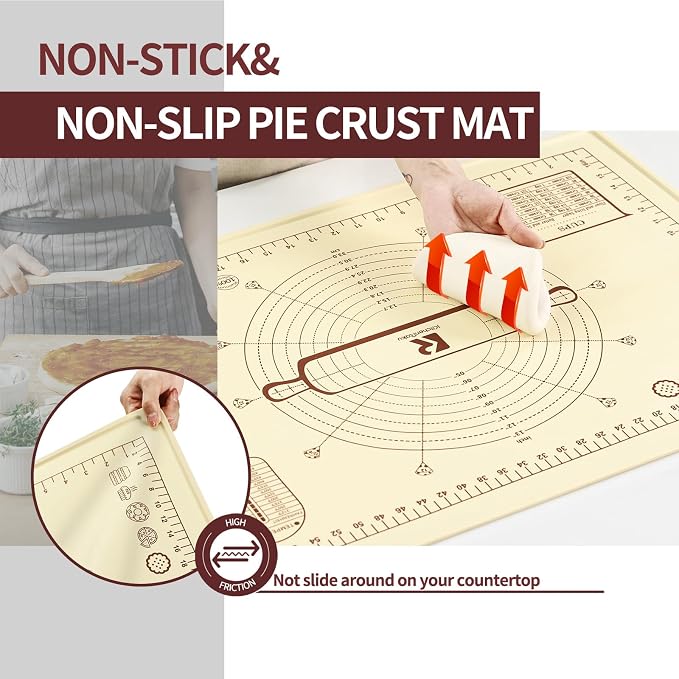 Silicone Baking Mat, Extra Thick Dough Rolling Pad with Measurements and Edge Heightening, Non-stick Food Grade Silicone Pastry Mat for Pastry, Bread, Cookies (Beige Edge Up, 20"L x 28"W)