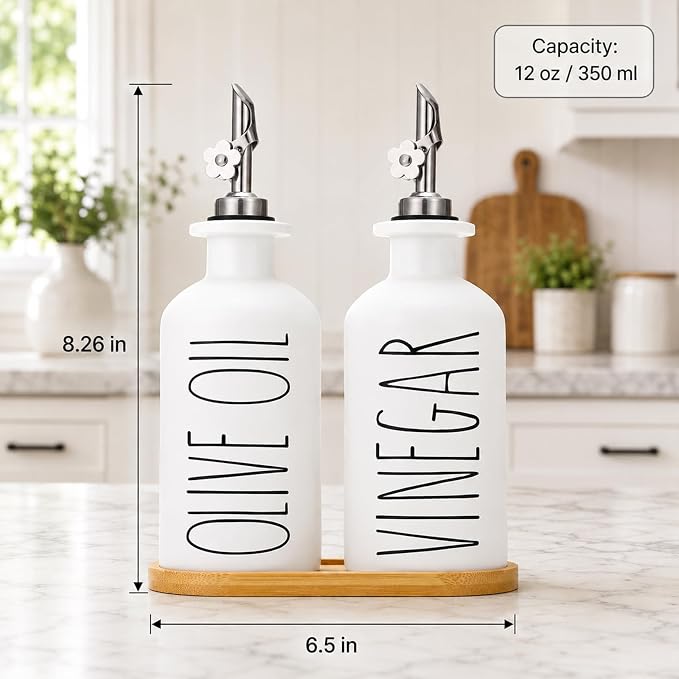 HOMCDALY Premium Olive Oil Dispenser for Kitchen, 11.8oz Glass Oil Bottles with Bamboo Tray, White Oil&Vinegar Cruet Set, Kitchen Dispenser Bottles with Pourer| Set of 2 (11.8oz –P–White)