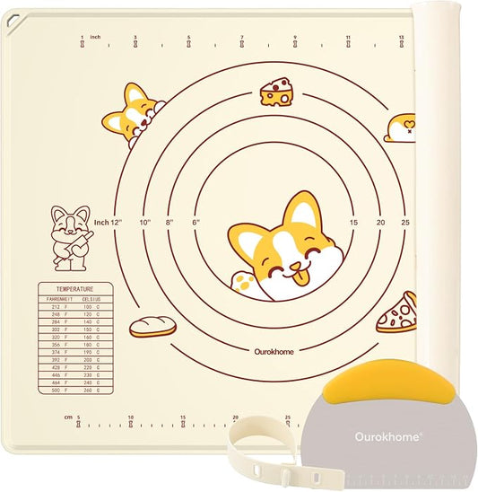 Ourokhome Silicone Baking Mat Sheet and Pastry Dough Cutter, 0.5 Inch Thick 20'' X 16" BPA free Silicone Rolling Mat, Non-Stick and Anti-Slip, Dishwasher Safe (Beige)