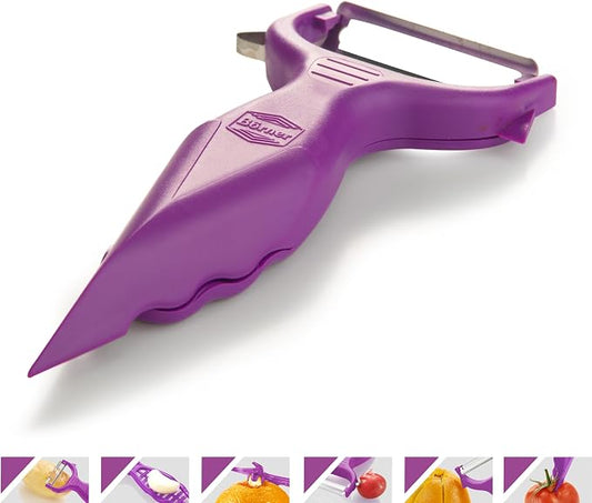 Börner Vegetable Peeler (6-in-1) • Garnishing Peeler with Grater • Multifunctional Peeler for Fruits & Vegetables • Fruit Peeler, Universal Peeler, Potato Peeler • Color: Purple