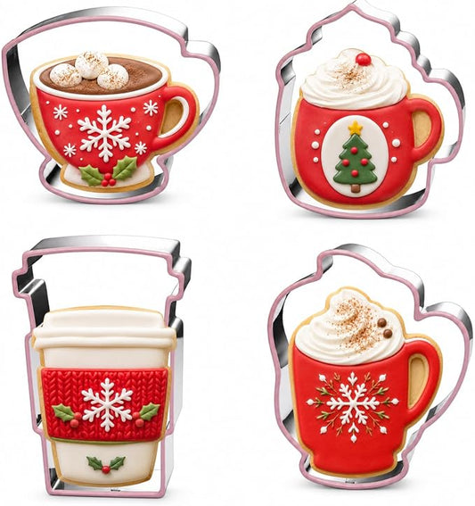 LUBTOSMN 4 Piece Large Coffee Cup Cookie Cutters Set, Silicone Rim Set | Dishwasher-safe stainless steel cutters for cookies, fondant, sandwiches, coffee bar parties and home baking treats.