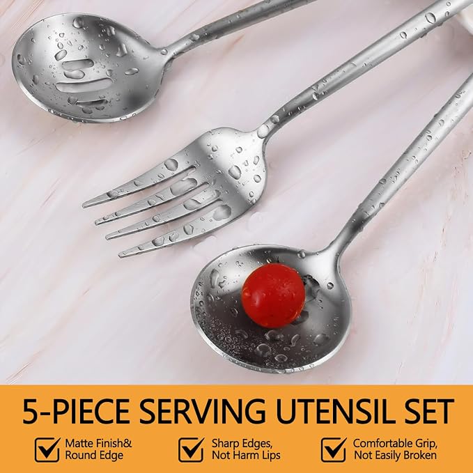 Large Serving Utensils Set,5 Pcs Stainless Steel Silver Serving Utensils with 10.8 Inch Serving Fork,10.3 Inch Serving Spoon,Slotted Serving Spoons,Sugar Spoons,Butter Knife for Party Buffet Banquet