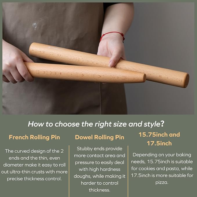 Muso Wood Wooden French Rolling Pin for Baking, Beech Wood Tapered Rolling Pin for Fondant Pie Crust Cookie Pastry(French 17.5-Inch)
