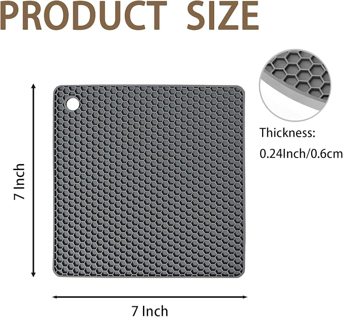 6-Pack Silicone Trivet Mats, Heat Resistant Hot Pads, Dishwasher Safe Kitchen Mats, BPA-Free Pot Holders for Table, Countertop, Stove, Honeycomb Design (Dark Grey, 7" Square)