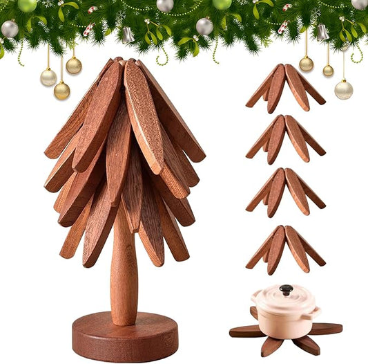 Wooden Trivets for Hot Dishes, Tree Shape Trivet Set, Foldable Kitchen Wooden Trivets, Tree Coaster for Hot Dishes、Pot、Bowl、teapot、hot Pot Holders (4 Piece-Walnut)