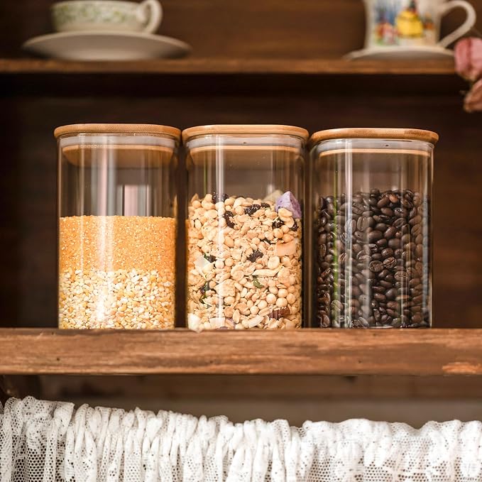 Liuruiyu 6 Pack Glass Food Storage Jars 37 oz,Glass Storage Containers Clear Glass Food Canister with Bamboo Lid Airtight For Serving Tea, Coffee, Flour, Sugar, Candy, Cookie, Spice and More (Square)
