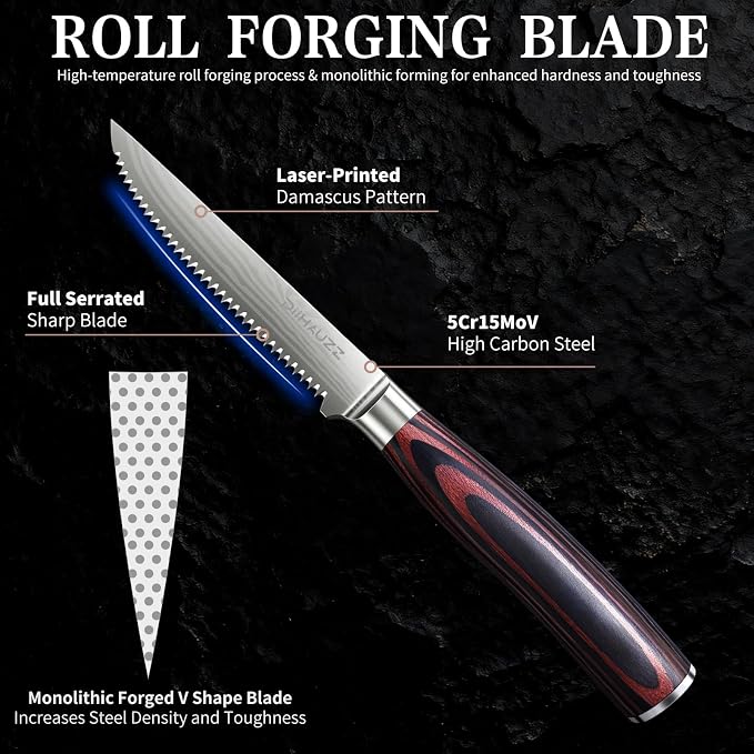 DiiHAUZZ Steak Knives Set of 6, Serrated Steak Knife Set 4.5 Inch, Ultra Sharp Forged High Carbon Stainless Steel Dinner Knife with Ergonomic Pakkawood Handle, Damascus Pattern and Gift Box