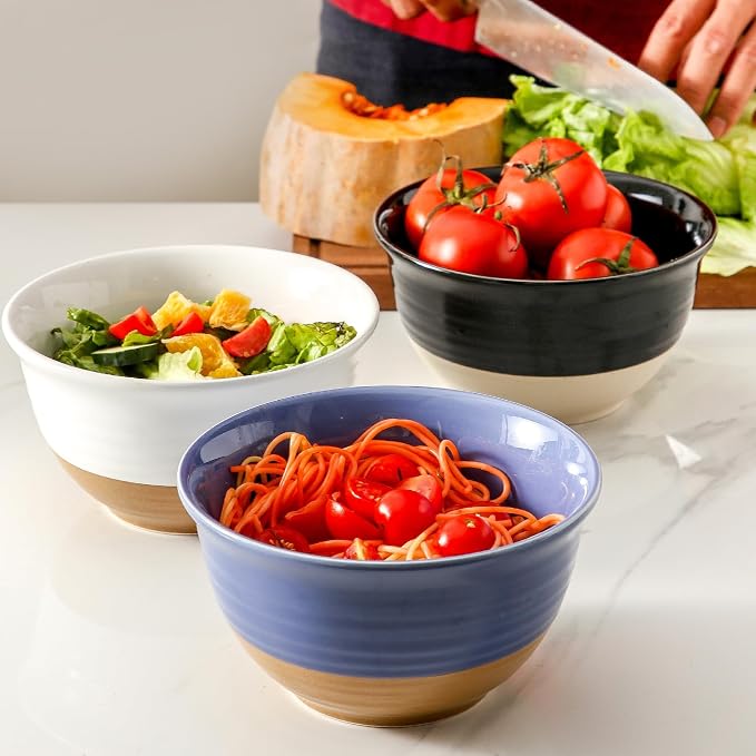 HASENSE Large Ceramic Soup Bowls Set of 4, 40 Oz 7 Inch White & Terracotta Stoneware Mixing Bowls, Farmhouse Bowls for Cereal, Salad, Pasta & Ramen, Dishwasher & Microwave Safe