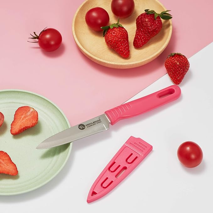 4 Pieces Kitchen Knife Set Stainless Steel Blade, Paring knife for Fruit and Vegetable with Matching Covers Colorful Combo Lovely Pink Color Gift Set (4)