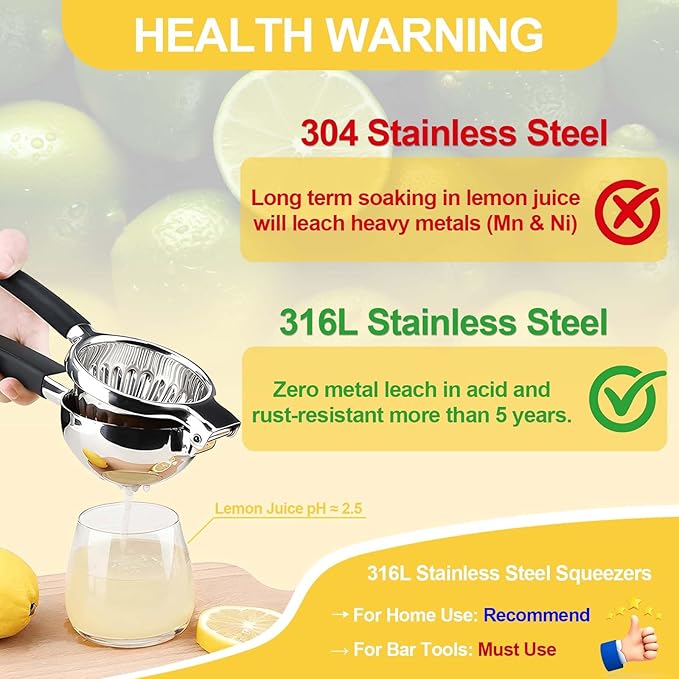 Premium 316L Medical-Grade Stainless Steel Lemon Squeezer - Baby-Safe Citrus Juicer, Heavy-Duty Manual Lime Squeezer with Zero Heavy Metal Leaching