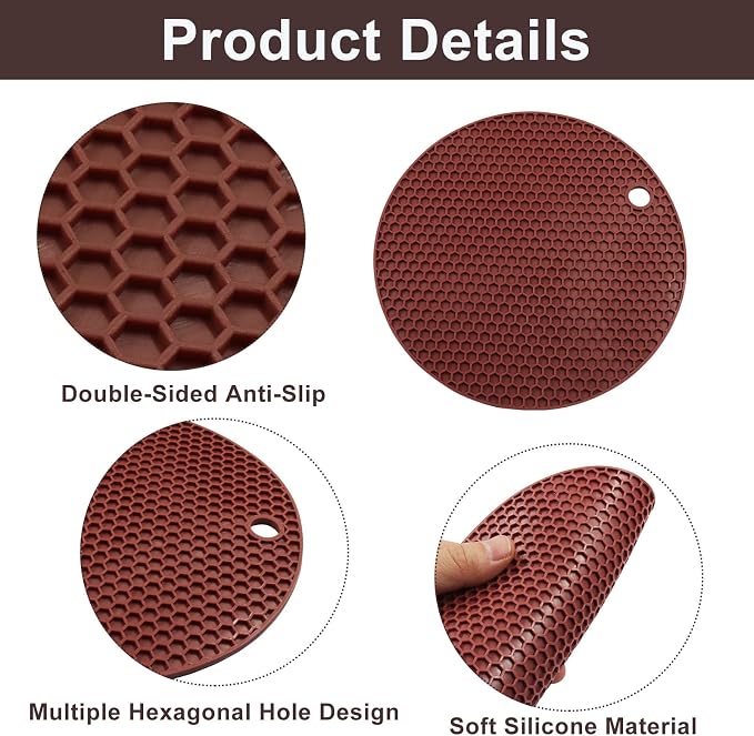 4 Pack Round Silicone Trivet Mats, Coffee | Heat Resistant Pad, For Pots, For Bowls, For Countertops