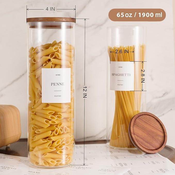 3 Pack Glass Pasta Storage Containers, 65oz Tall Pantry Jars with Wood Lids | Airtight Kitchen Canisters with 105 Labels, Glass Food Storage Containers with Acacia Lids for Cereal, Spaghetti Holder