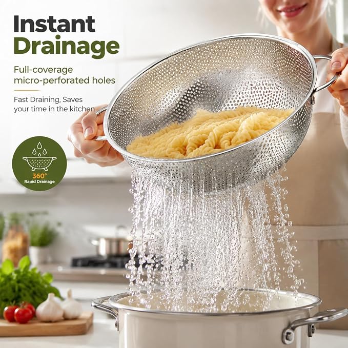TeamFar Colander Set of 3, Stainless Steel Perforated Metal Colander Strainer with Handles for Spaghetti, Pasta, Berry, Rust Free & Dishwasher Safe - 1/3/5-quart