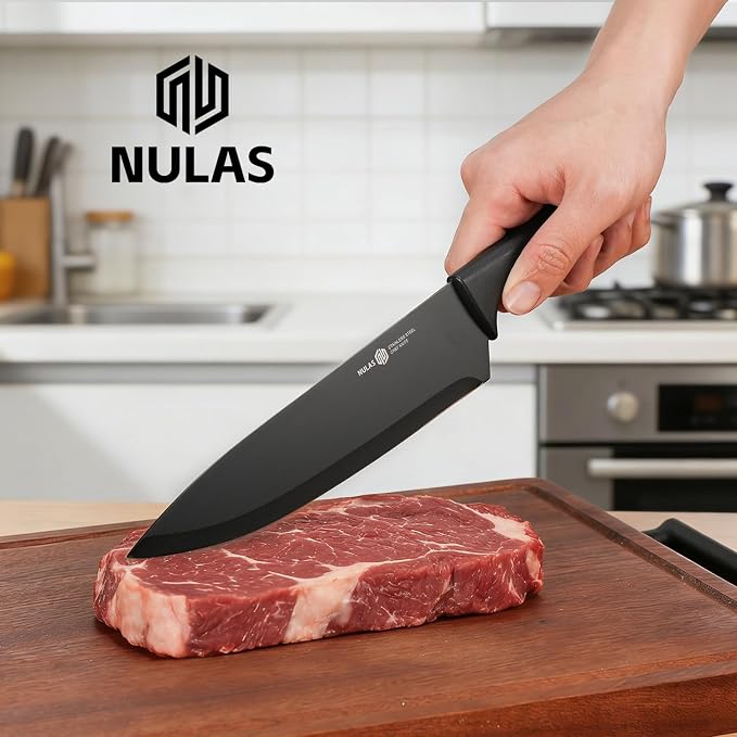 Knife Set, 8-Piece Kitchen Knife Set with Universal Block - Anti-Rust Chef Knives, Ergonomic Design, Dishwasher Safe (Black)