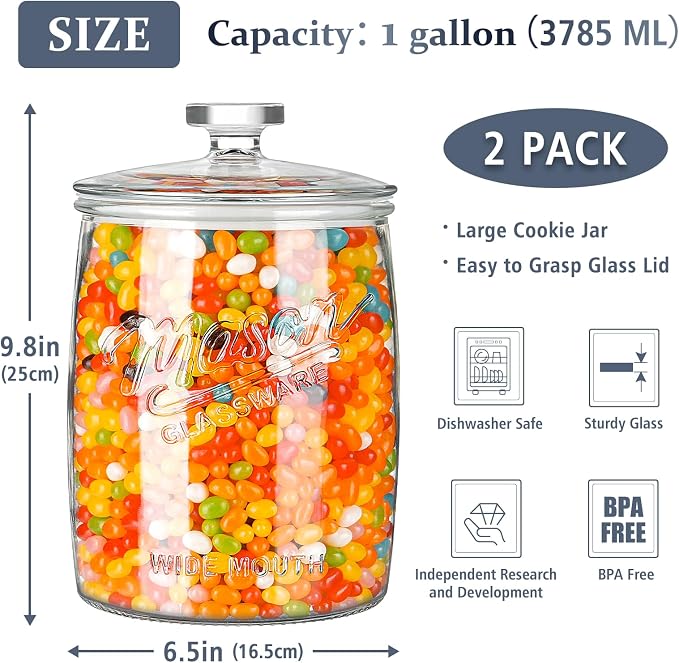 Folinstall 1 Gallon Glass Cookie Jar with Airtight Lid, 2 Pack | Silicone Seal Keeps Food Fresh, Large Capacity, Wide Mouth for Easy Access to Candy, Sourdough Starter, Dog Treat, Herb