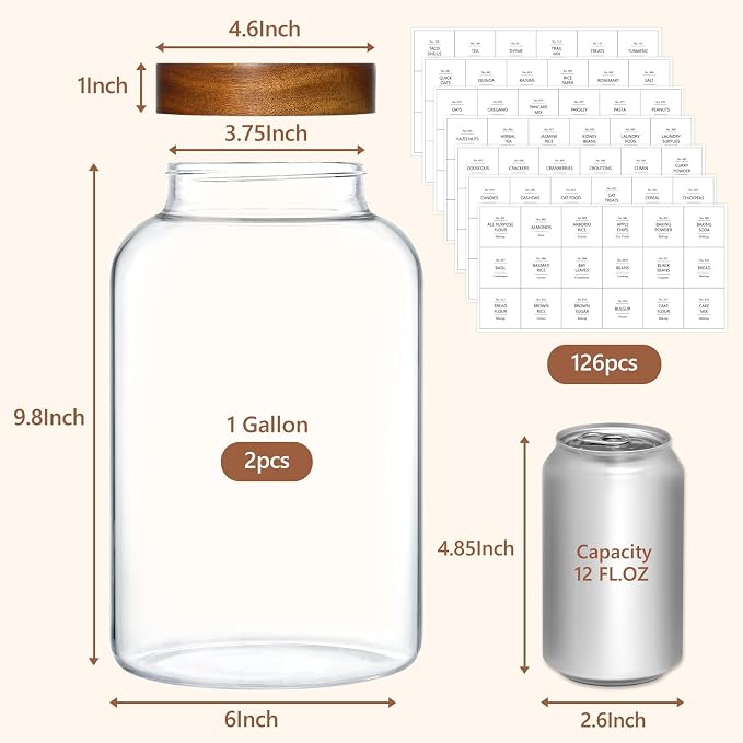 KEYWING 1 Gallon Glass Jars w/Acacia Lids for Flour & Rice Containers 2Pcs | Large Wide Mouth Airtight Food Storage Containers, Pantry Kitchen Organizer for Egg Sugar Cereal -3800ml with 126 Labels
