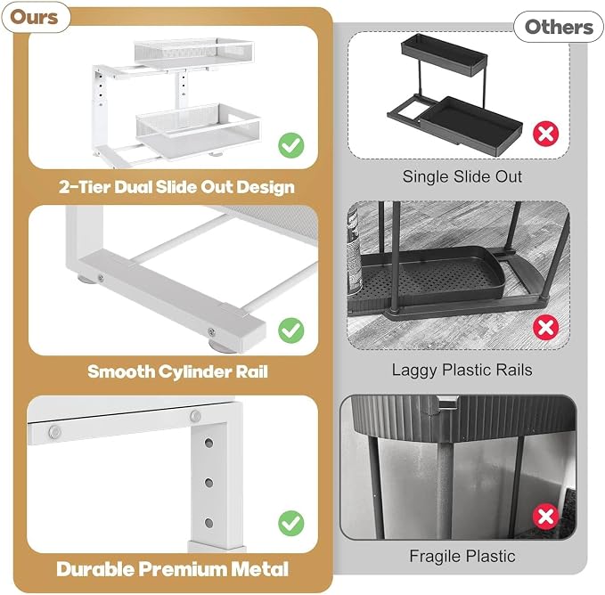 Under Sink Organizer, 2-Tier Dual Pull Out Cabinet Organizer Drawers With Smooth Circular Rail, Large Capacity Metal Mesh Sliding Shelves For Bathroom& Kitchen Storage,Height Adjustable–White,2 Packs