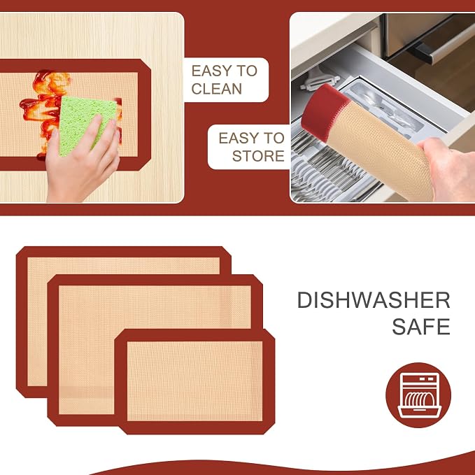 Silicone Baking Mat Set of 3, Non-Stick 2 Half & 1 Quarter Sheets | Dishwasher Safe, Reusable Baking Supplies for Cookies, Bread, Pastries & Dough, Red
