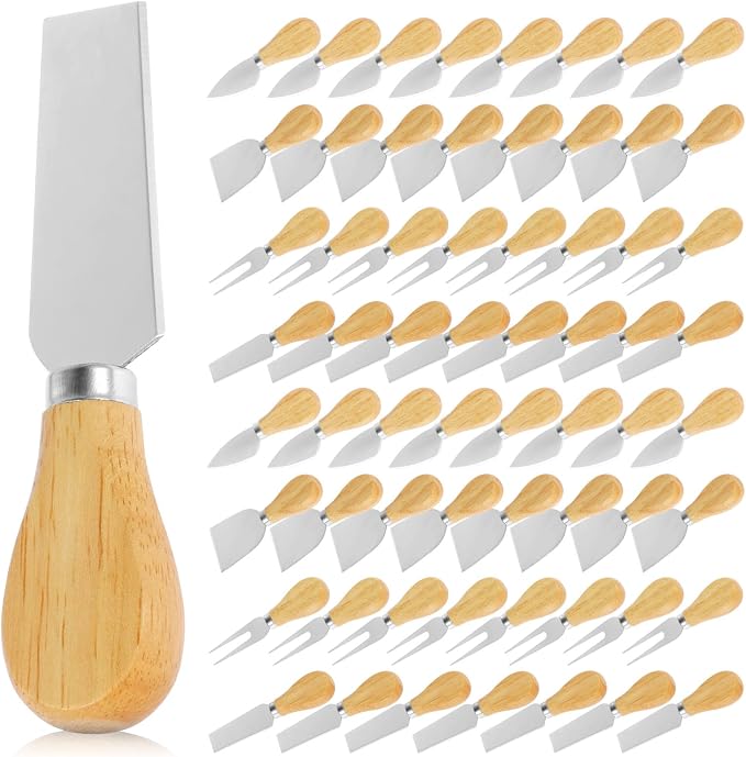 64Pcs Cheese Knives Bulk,Stainless Steel Cheese Knife Spreaders Set Butter Cutter Cheese Cutting Spatula Forks Wooden Handle Small Cheese Spreader Tool Cheese Knives for Charcuterie Board Christmas