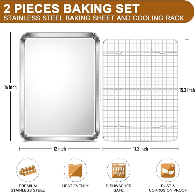 E-far Baking Sheet with Wire Rack Set, 16" x 12" (1 Pan +1 Cooling Rack) | Stainless Steel Sheet Pan with Cooling Rack for Oven, Large Metal Bacon Tray for Cooking Roasting, Non-Toxic, Dishwasher Safe