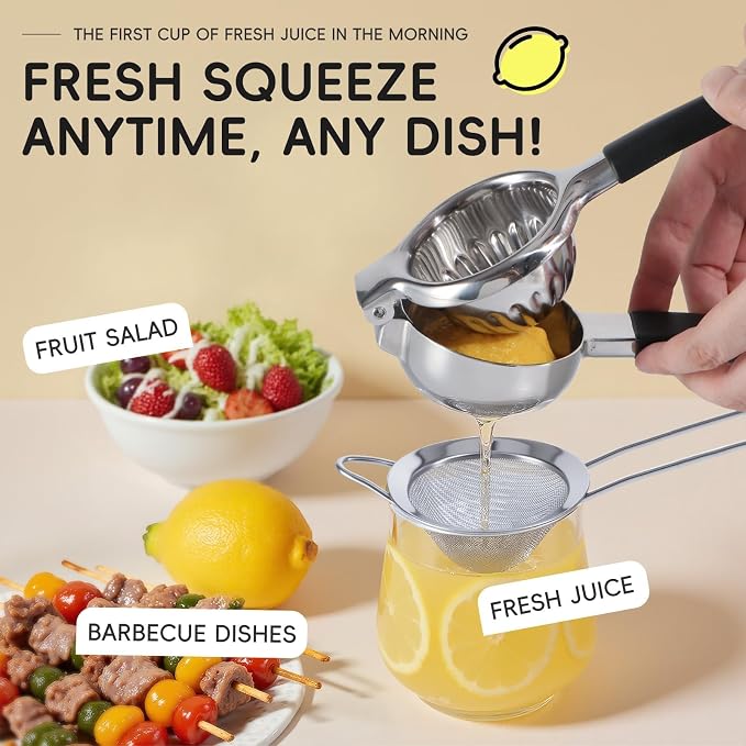 304 Stainless Steel Lemon Squeezer, Manual Lime Squeezer with 13 Filter Holes & Fine Strainer – Heavy Duty Citrus Juicer with Non-Slip Handles, Dishwasher Safe