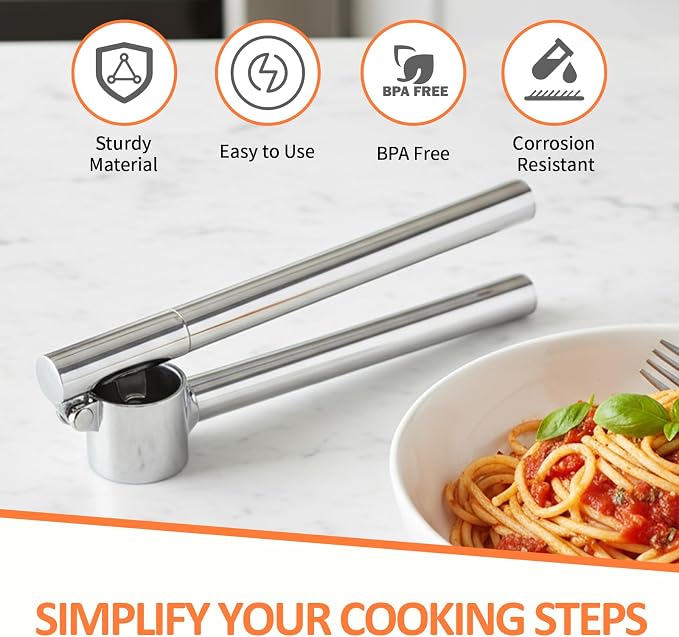 VINATO Stainless Garlic Press, Stainless Steel Kitchen Utensils, Garlic Crush for Kitchen with Peeler and Cleaning Brush, Professional Manual Chopper and Practical Kitchen Gadget