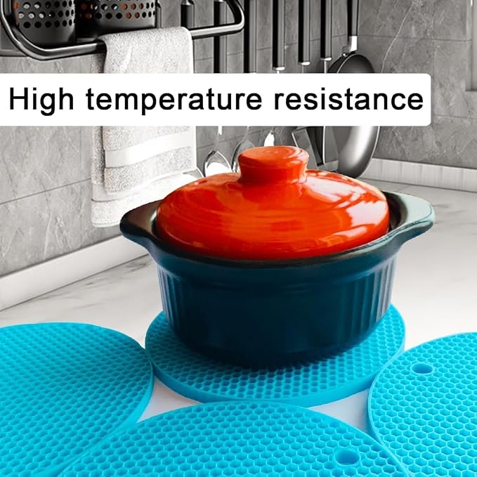 7-Inch Round Silicone Trivet Mats - 4-Pack Non-Slip Heat Resistant Hot Pads for Kitchen Countertops, Pots and Pans (Blue)