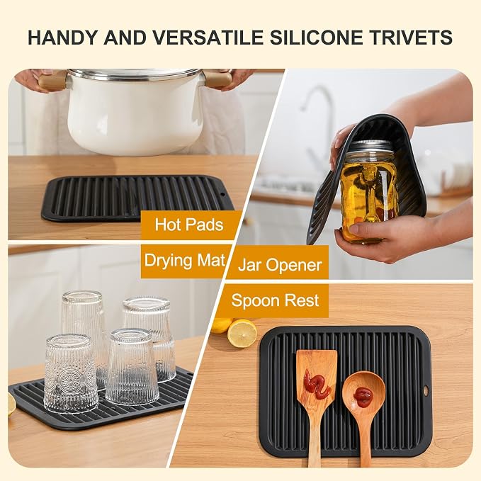 9"x12" Heat Resistant Silicone Trivets for Hot Pots and Pans, Hot Dishes | 2 PCS Large Multipurpose Non Slip Pot Holders Hot Pads Mats for Kitchen Countertop Table, Food Grade & BPA Free, Black