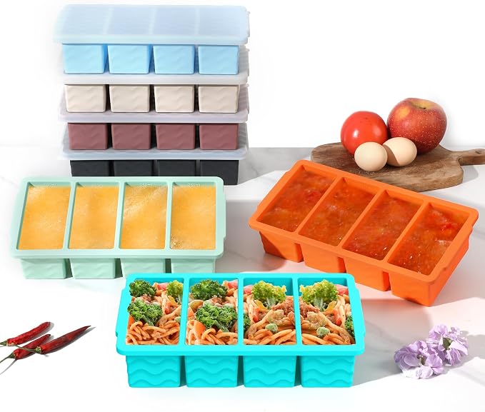 Doasuwish Silicone Freezer Tray for Soup with Lid – 1-Cup Soup Container Cube Style Ice Cube Trays for Freezer, Meal Prep & Food Storage, Freeze 250mL/125mL Portions 4Pcs (4Color)