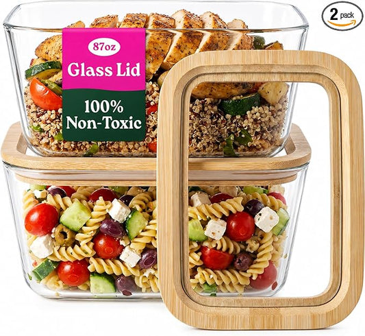 Large Glass Food Storage Containers with Glass Lids & Bamboo Rim – 87 Oz 2 Pack Plastic Free Glass Meal Prep Containers for Lunch, Eco Friendly Airtight Food Storage, Microwave & Oven Safe