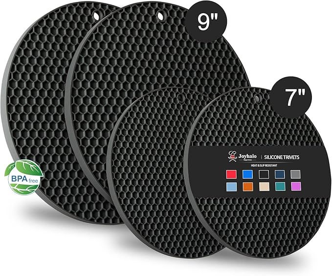 4 Pack Silicone Trivet for Hot Dishes | Heat Resistant Silicone Pot Holders for Kitchen Countertops, Hot Dishes, Jar Opener, Spoon Holder, Easy to Wash, Black