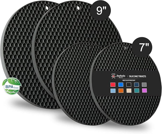4 Pack Silicone Trivet for Hot Dishes | Heat Resistant Silicone Pot Holders for Kitchen Countertops, Hot Dishes, Jar Opener, Spoon Holder, Easy to Wash, Black