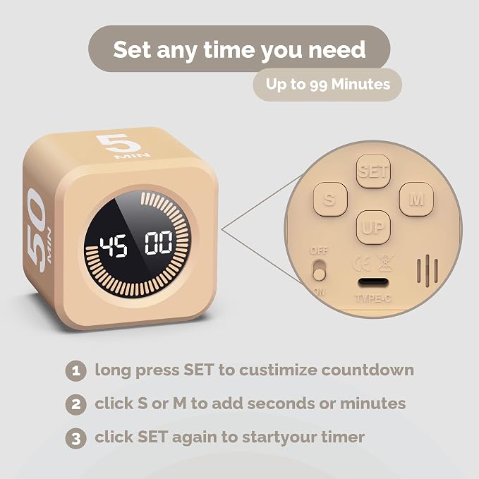 KADAMS Timer Pomodoro - Productivity Pomodoro Cube, 5/10/25/50 Min Countdown & Countup, Silent – for Work Study Workout Kitchen School Classroom Office ADHD Gift Kids (1, Light Mocha)