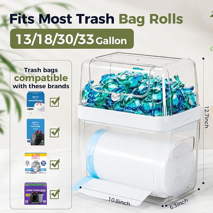 Trash Bag Dispenser & Dishwasher Pod Holder, 3-in-1 Trash Bag Holder Laundry Pods Container with Moisture-Proof Lid, Acrylic Garbage Bag Dispenser for Under Sink Organizer Laundry Room Organization