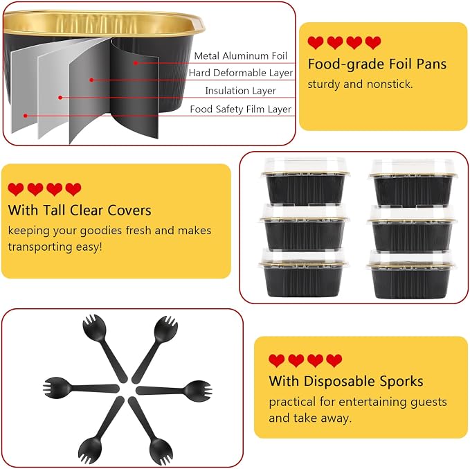 LNYZQUS 10oz/80pack Mini Cake Pans with Lids, Small Foil Baking Tins Brownie Baking Cups,4”x4” Disposable Ramekins Jumbo Cupcake Muffin Pan Mini Aluminum Containers Holders-Black