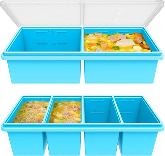 Silicone Freezer Trays with Lids, 2 Cup & 1 Cup Soup Container Style Ice Cube Trays, Easily prepare portioned meals, Great for storing soups and other dishes, Dishwasher, Oven Safe