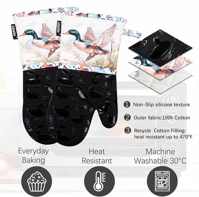 Alselo Oven Mitts, Heat Resistant with Soft Quilted Cotton Lining Set of 2, Fashion Duck Design with Silicone Printing Anti-Slip Kitchen Gloves for Safe Backing Cooking Barbecue (Darkgray, Duck)